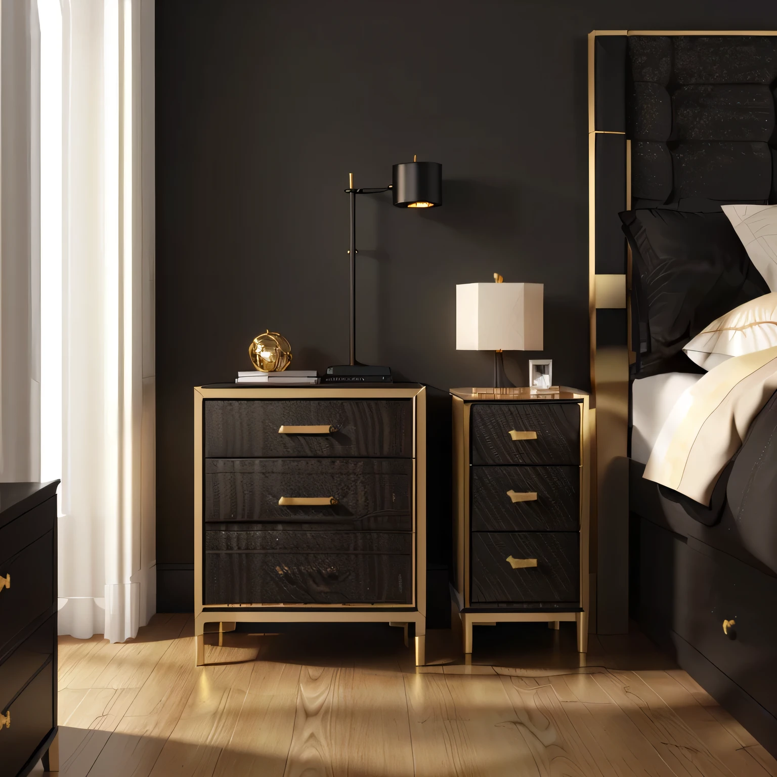 there is a bed and a nightstand in a bedroom with a black wall, king, carbon blac and antique gold, carbon black and antique gold, delicate detailing golden stroke, finely detailed furniture, black furniture, wood and gold details, dark bedroom, high quality 3 d render, high quality 3d render, b, highly detailed render, rendered in corona