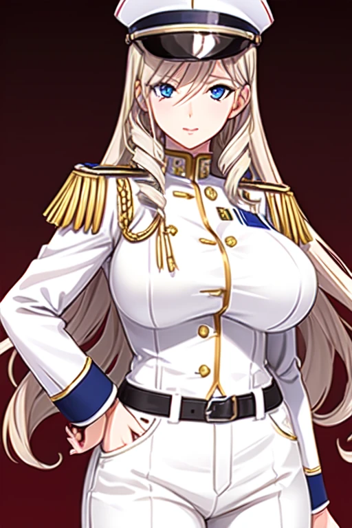 celia\(walkure\), celia\(uniform\),1girl, mature female, solo, big breasts,
blue eyes, 
(white uniform), (white cargo pants), belt, (white shako cap),
best quality, highest quality, ultra-detailed, masterpiece, illustration, ultra detailed background