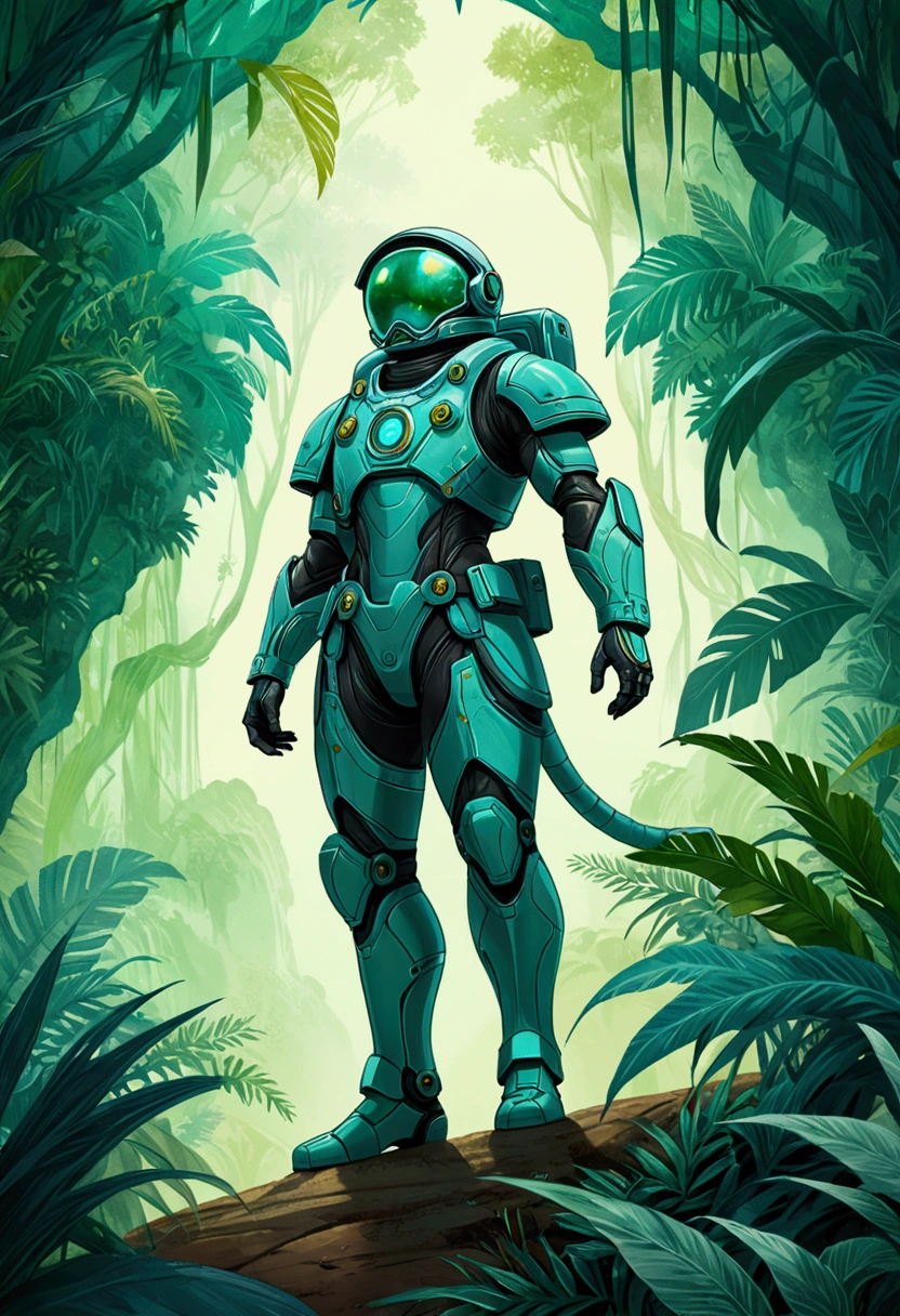(Jungle Adventurer), reaching the critical point of Mars Green shown as Turquoise Green fractal shapes blending together, in Ethereal Watercolor style, with dreamy washes, full body, award-winning, cinematic still, emotional, vignette, dynamic, vivid, (masterpiece, best quality, Professional, perfect composition, very aesthetic, absurdres, ultra-detailed, intricate details:1.3)