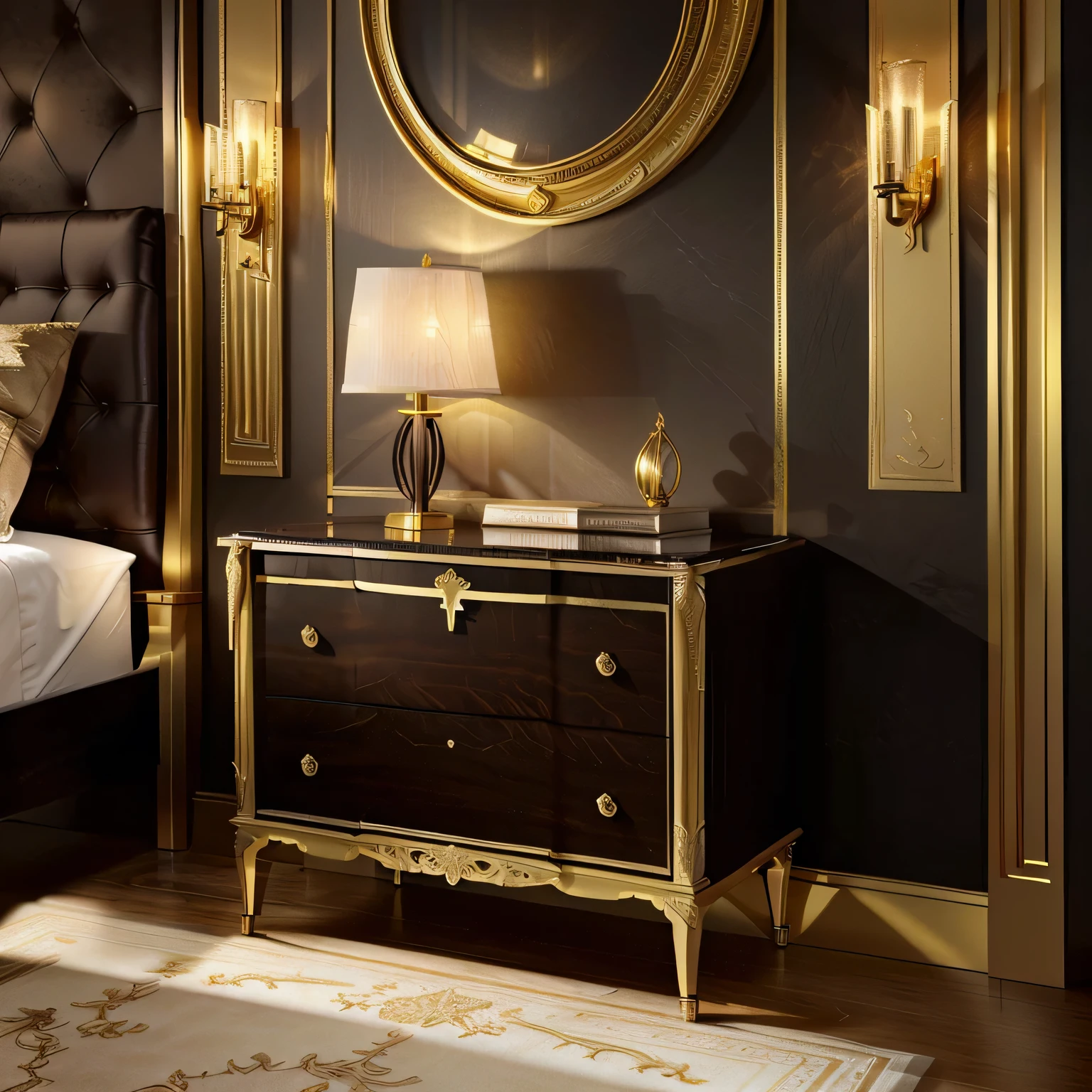 there is a bed with a night stand and a night stand with a lamp, wood and gold details, luxury furniture, rich lighting, wooden walls brass panels, golden details, furniture and decor, elegant furniture, gold and luxury materials, standing lamp luxury, exquisite details, designer furniture, elegant render, evening lighting, luxury hd render, dark vignette