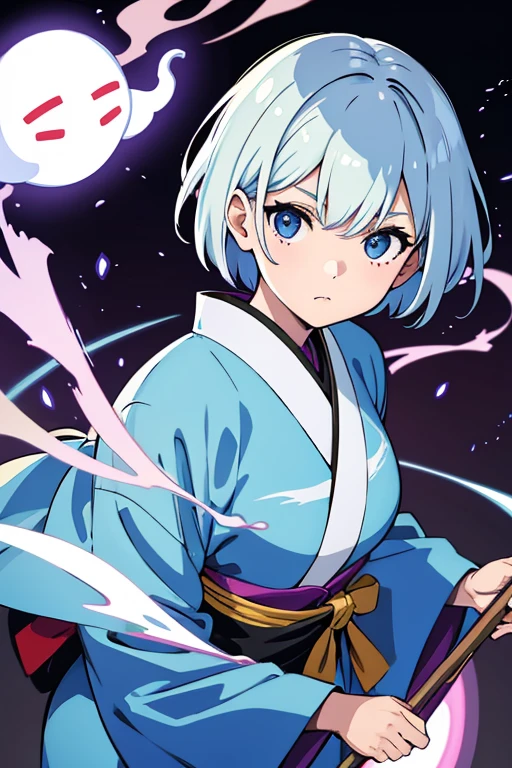 Ghost girl,kimono,cool,short hair,Break she is beating drum by stick.,masterpiece,best quality,super detailed,Super fine