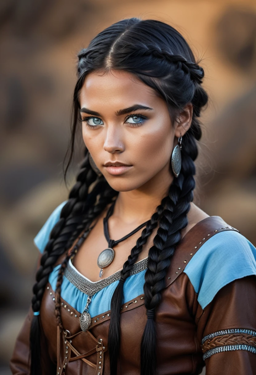 I want you to create a character. She is a young 25-year-old woman with the typical characteristics of the Apache people.  Her long, straight black hair, which is braided, frames a face with tanned skin, common among her people.  His light blue eyes contrast with the color of his skin, creating a penetrating and expressive look.  She wears a traditional Viking outfit, with brown colors and black leather, and she is a warrior.