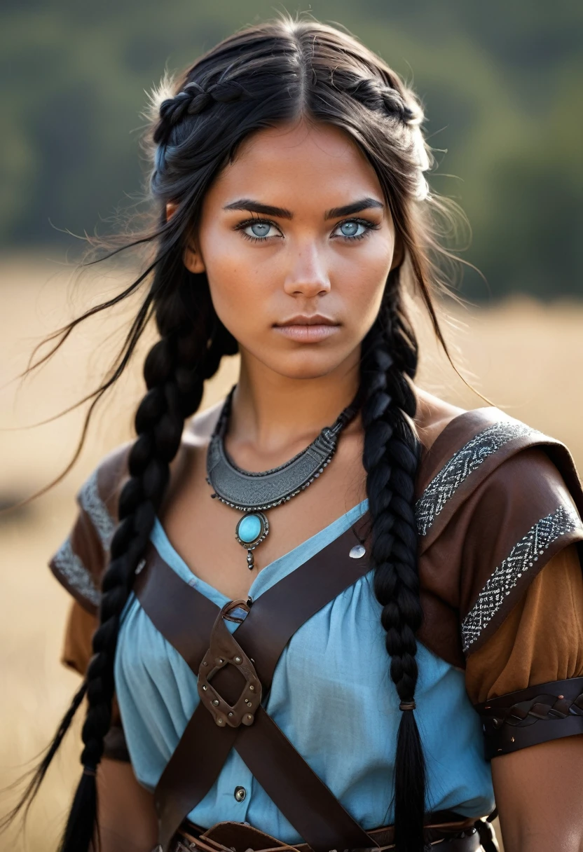 I want you to create a character. She is a young 25-year-old woman with the typical characteristics of the Apache people.  Her long, straight black hair, which is braided, frames a face with tanned skin, common among her people.  His light blue eyes contrast with the color of his skin, creating a penetrating and expressive look.  She wears a traditional Viking outfit, with brown colors and black leather, and she is a warrior.