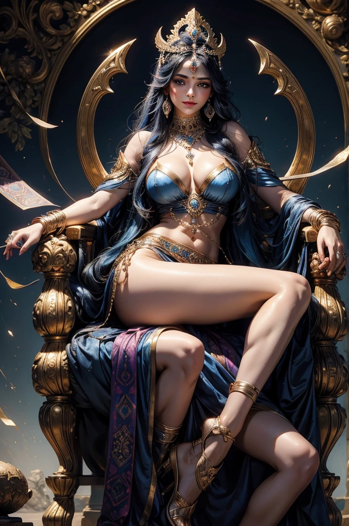 Masterpiece, Best quality, high clarity eyes, beautifully styled hair, critically flawless,sharp picture, Full body portrait, High pixels, perfect face, perfect eyes, beautiful face, perfect hands,perfect fingers, in Peter Paul Rubens style, by Peter Paul Rubens, baroque style, acrylic on canvas, highly detailed, description: "Create a goddess with bluish skin inspired by the tales of Indian mythology. The crescent moon adorns her forehead. She has three eyes and a smiling face. She wears jewellery and is seated on a jewelled throne. She carries a noose, a sword, a goad, and a club in her four arms. Her waist is slim and her breasts well-developed