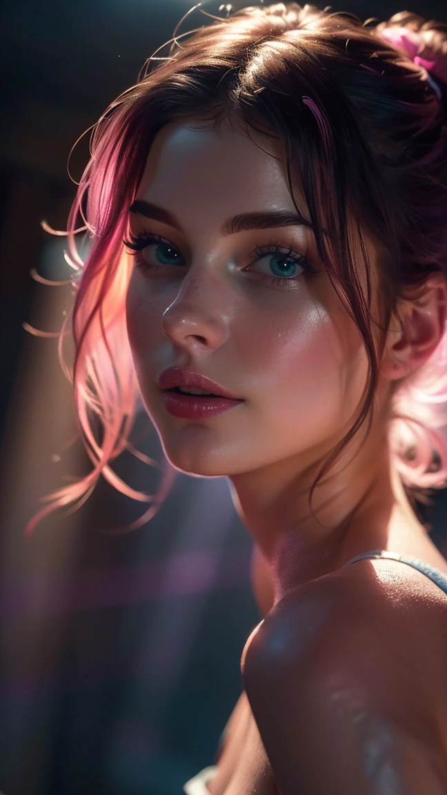 (((ultra realistic))) Photo, masterpiece, top quality, (pale skin), (Ultra detailed face and eyes:1.3), 1 girl, Adult, in a T-shirt, ((Eye makeup, pink mascara)), ((smile)), ((large detailed lips)), ((Pink волнистые волосы)), ((Chyolka)) , (Natural breasts), Slim waist. ((Posing)), photoshoot, studio (soft lighting), (The play of light and shadows), depth of field, bokeh, (special attention to skin detail: 1.2), Detailed leather texture, skin pores. (Warm atmosphere of the frame. Color range - purple, Pink, blue tones), UDR, ((Film grain)), ((rays)), (Glare), ((waist up portrait)) , ultra detialed, 