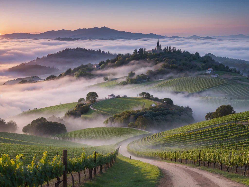 8k, Dawn fog, path, vineyard, Cathedral, Vivid picture quality, Realistic perfect picture quality,