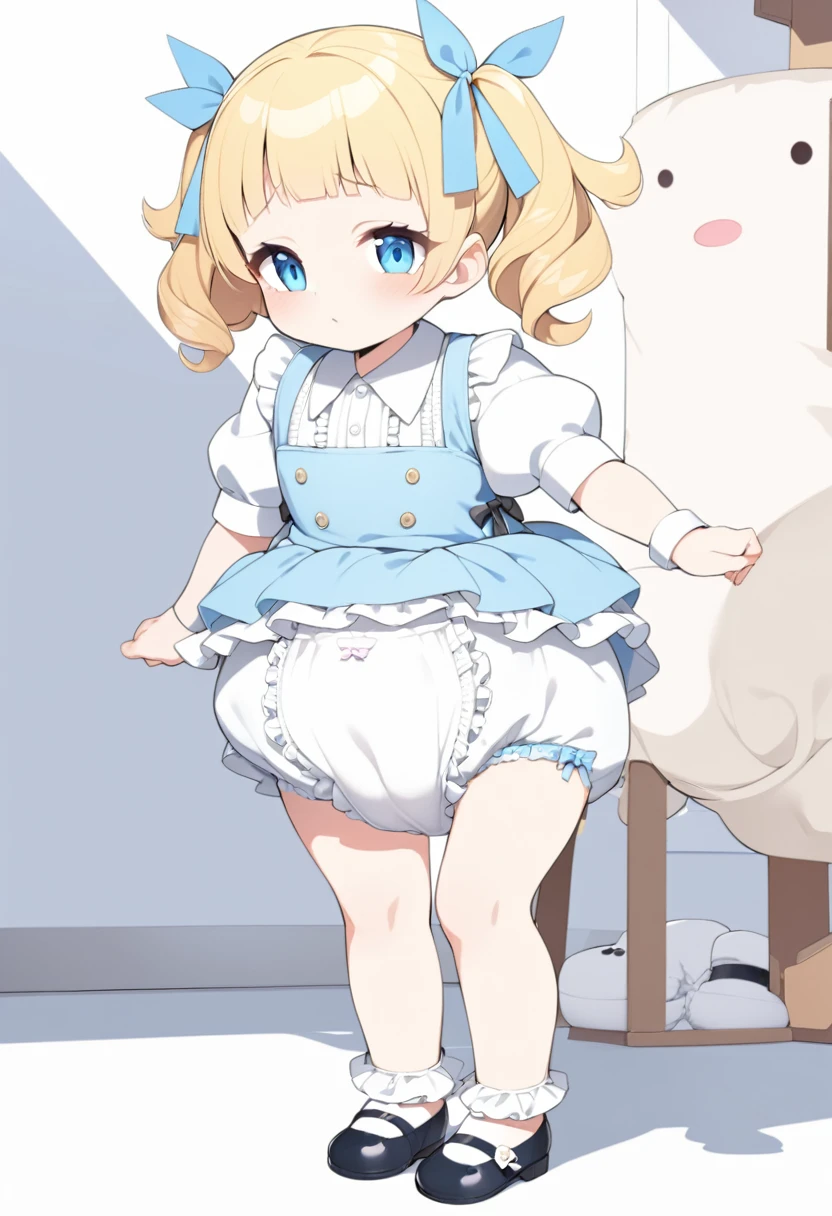 blue eyes,long eyelashes,frilly baby blue pinafore dress,standing,collared blouse,big puffy short white sleeves,hair ribbons,,big puffy diaper,frilly ankle socks,mary jane shoes,curly pigtails,blonde hair,solo,masterpiece,fullbody,(big puffy diaper),diaper cover,skirt,
