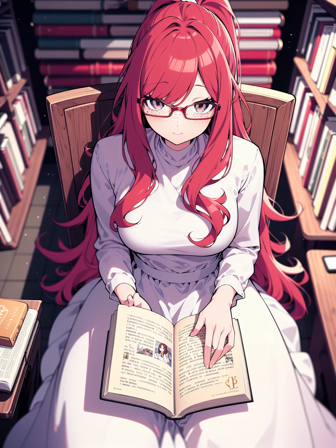 from above, colorful, (best quality, ultra-high resolution, depth of field:1.2), 1woman, long red hair, ponytail, hazel eyes, freckles, slender build, white dress, glasses, (library background), focused and serene, sitting, reading a book