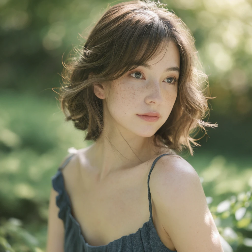 Create a highly detailed and realistic full-front portrait of a woman in a natural setting, portrayed tastefully and artistically without clothing. Her skin should have natural tones and textures, with subtle variations such as slight freckles or gentle blushes. Her eyes should be vivid and expressive, with a natural, engaging gaze. Her hair should be styled in a way that complements her face and the overall aesthetic, whether it's loose waves, a neat updo, or flowing straight locks.The background should be a serene and picturesque natural environment, such as a lush garden, a sunlit forest glade, or a tranquil lakeside scene. Ensure the image is in high resolution, capturing every detail of her form, the natural environment, and the interplay of light and shadow.

The overall composition should focus on the beauty of the human form in harmony with nature, emphasizing grace and elegance. Ensure the lighting is soft and flattering, highlighting the natural contours of her body without being harsh or unflattering. The setting should enhance the subject's appearance, with attention to light and shadow, creating a harmonious and aesthetically pleasing composition.