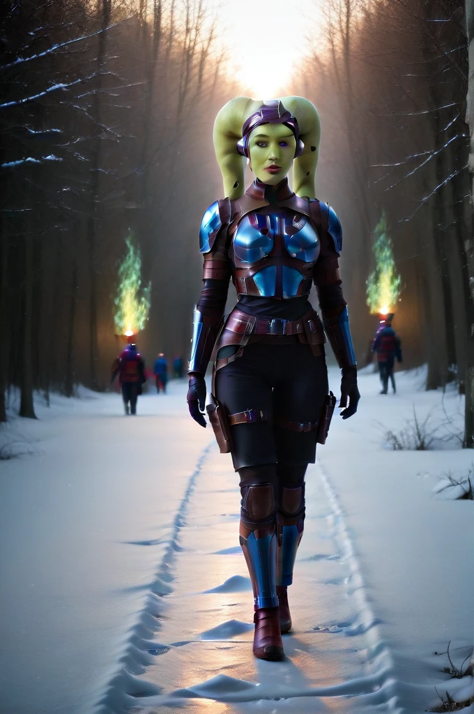 a ((fall body)) (((hera syndulla))) ((green skin )) ((female twi'lek ))mandalorian,walking on snow, (((green fire eyes ))) , beautiful detailed eyes, beautiful detailed lips, extremely detailed face, long eyelashes, mandalorian armor, sci-fi, cinematic lighting, dramatic, epic, intricate details, hyper-realistic, 8k, high-quality, photorealistic
