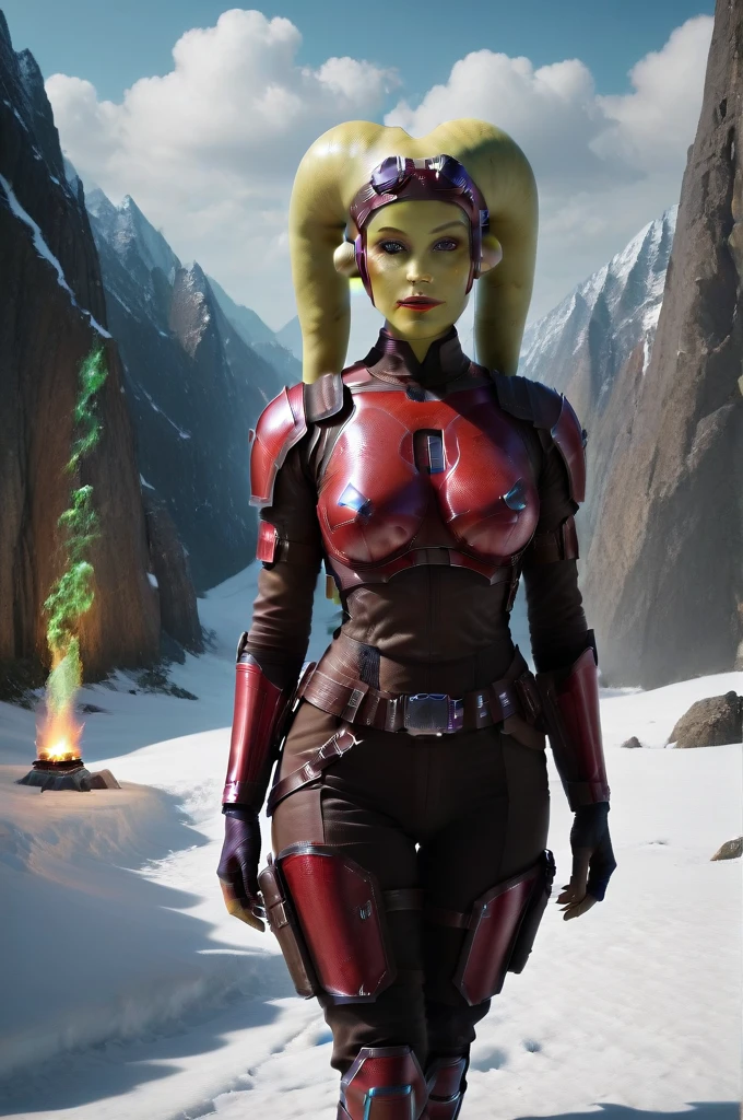 a ((fall body)) (((hera syndulla))) ((green skin )) ((female twi'lek ))mandalorian,walking on snow, (((green fire eyes ))) , beautiful detailed eyes, beautiful detailed lips, extremely detailed face, long eyelashes, mandalorian armor, sci-fi, cinematic lighting, dramatic, epic, intricate details, hyper-realistic, 8k, high-quality, photorealistic