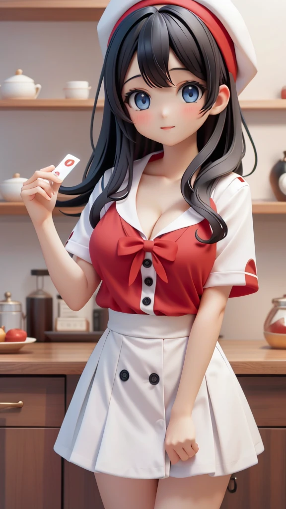 a woman wearing red sailor outfit with a card slot in her shirt and black hair down, 1girl, solo, blue eyes, hat, breasts, cleavage, looking at viewer, black hair