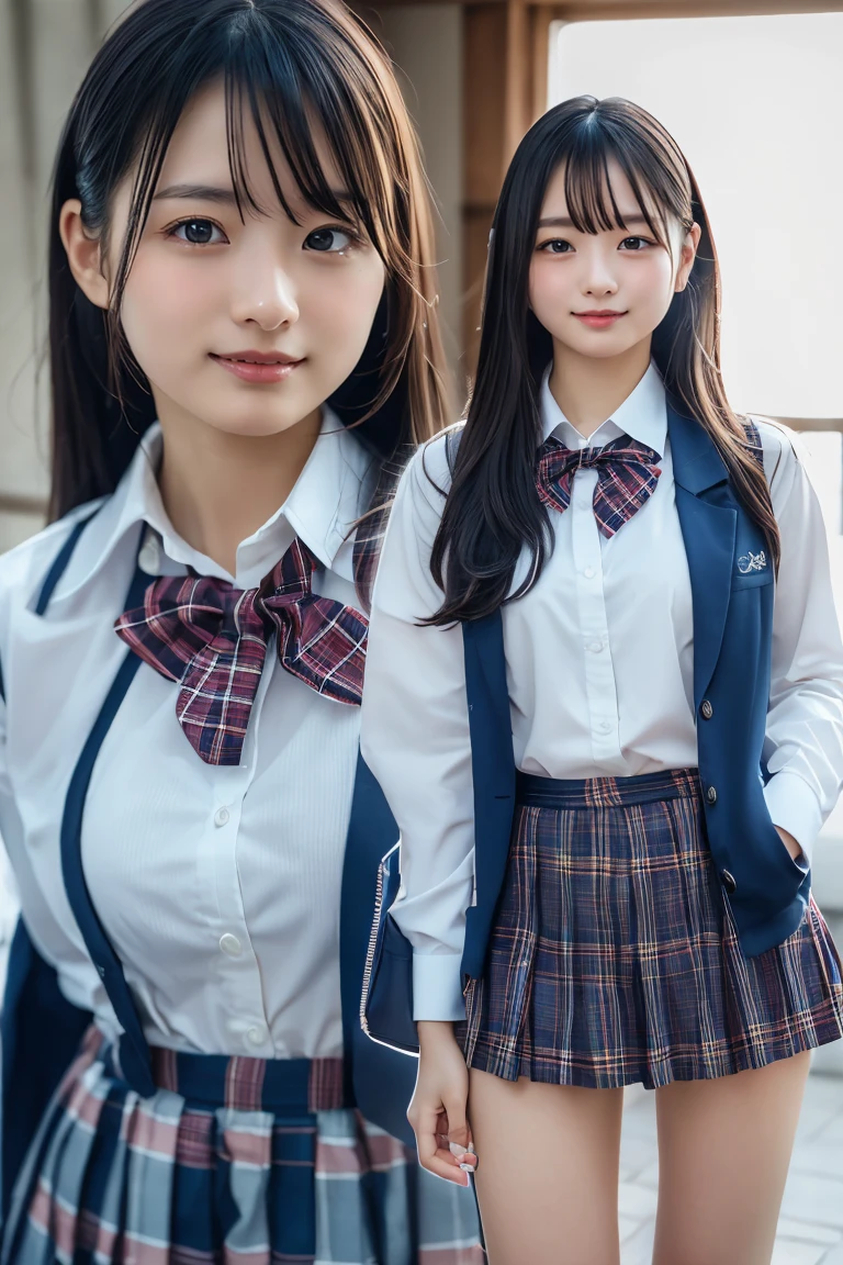((school uniform)),ribbon at neck,(school uniform and ((Plaid navy skirt)) and white shirt:1.1), Skin color, big , smile, (8k, RAW Photos, Highest quality, masterpiece:1.2), masterpiece, super detailed, super high quality, (Realistic and Realistic photography:1. 37), High-resolution RAW color photos, Very delicate and beautiful, highly detailed, 8k壁紙, wonderful, detailed, Very eye, very detailed, very detailed skin, very thin fingers, very detailed nose, very detailed mouth, Perfect Anatomy, Upper Body, studio, Soft lighting, A full-body shot of a cute idol wearing a one-piece swimsuit, Playful pose, Hands on hips, smile, Pastel Background, Realistic, Attention to detail, studio photography