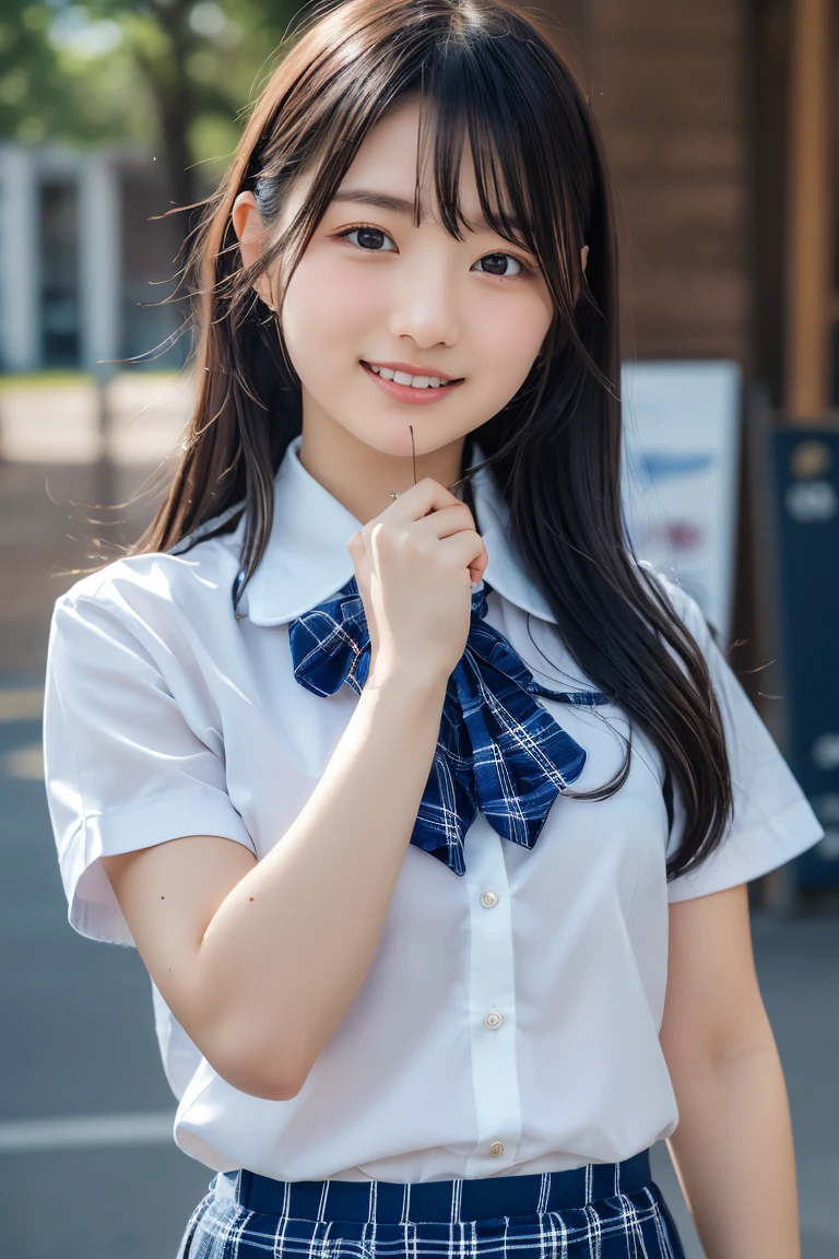 ((school uniform)),ribbon at neck,(school uniform and ((Plaid navy skirt)) and white shirt:1.1), Skin color, big , smile, (8k, RAW Photos, Highest quality, masterpiece:1.2), masterpiece, super detailed, super high quality, (Realistic and Realistic photography:1. 37), High-resolution RAW color photos, Very delicate and beautiful, highly detailed, 8k壁紙, wonderful, detailed, Very eye, very detailed, very detailed skin, very thin fingers, very detailed nose, very detailed mouth, Perfect Anatomy, Upper Body, studio, Soft lighting, A full-body shot of a cute idol wearing a one-piece swimsuit, Playful pose, Hands on hips, smile, Pastel Background, Realistic, Attention to detail, studio photography