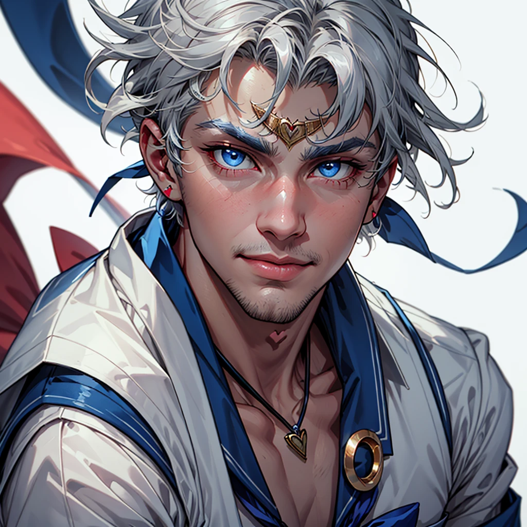 1boy, Alternative Sailor Moon, manly, silver hair, blue eyes, circlet, smirk, blue sailor collar, brooch, necklace with ruby pendant, closed mouth, crescent, crescent ear piercings,  (silver short hair), hair ornament, heart brooch with (blue bowtie), looking at viewer, magical boy, multicolored clothes,
parted bangs, male sailor helios uniform, solo, dark blue gloves, white background, (studio quality:0.7),
(masterpiece), photorealistic, top quality, best quality, (absurdres), deep focus,  intricate details, high quality, ultra high res, 8k, UHD, HD
(GS-Masculine:0.7) 