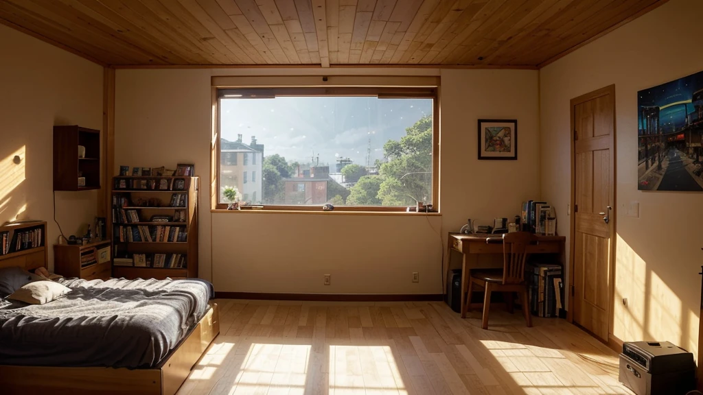 Generate Image based on the following description:
- study room
- anime/cartoon style image
- lot of books on the right side of the room
- in the middle of image (room), there is window where we could see clear night sky outside
- the lighting in the room is warm
- the wall is made of high-quality wood and looks sturdy