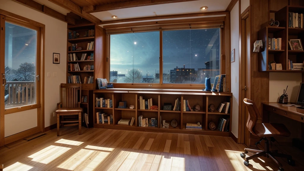 Generate Image based on the following description:
- study room
- anime/cartoon style image
- lot of books on the right side of the room
- in the middle of image (room), there is window where we could see clear night sky outside
- the lighting in the room is warm
- the wall is made of high-quality wood and looks sturdy