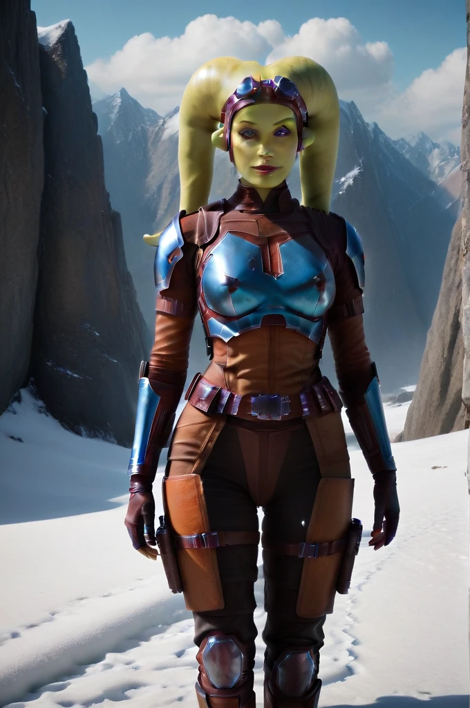 a ((fall body)) (((hera syndulla))) ((green skin )) ((female twi'lek ))mandalorian,walking on snow, ((green fire eyes )) , beautiful detailed eyes, beautiful detailed lips, extremely detailed face, long eyelashes, mandalorian armor, sci-fi, cinematic lighting, dramatic, epic, intricate details, hyper-realistic, 8k, high-quality, photorealistic
