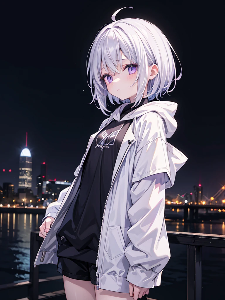 Teenage girl with short white hair in dark anime style、With pale purple eyes and a sad expression on his face、He is wearing a white hoodie with a black jacket over it、Black shortodern, relaxed clothing、Peaceful night town background、high resolution