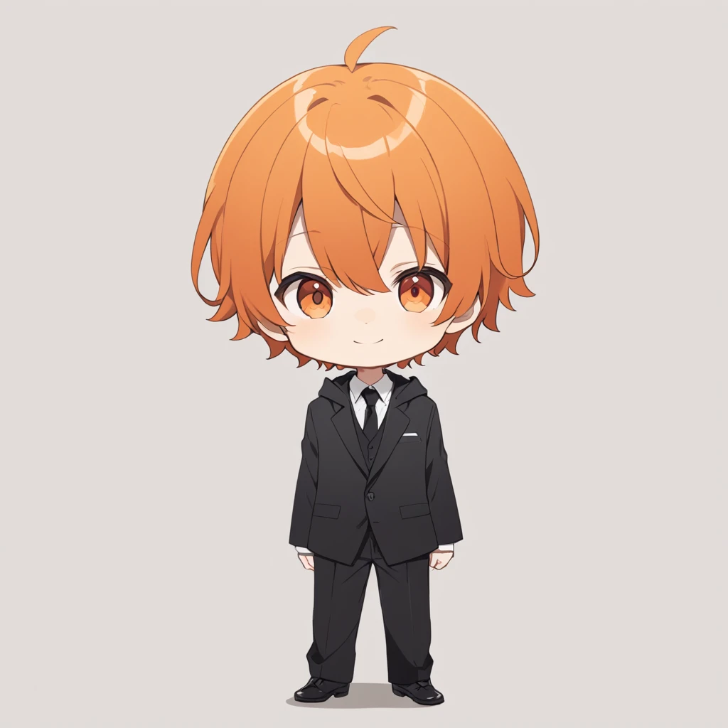 Orange Hair, Orange eyes,Short Hair,smile, a bit,  suit,maleの子一人,a bitキャラ,anime,whole body,mini,male,小さいmaleの子,a little ,hoodie