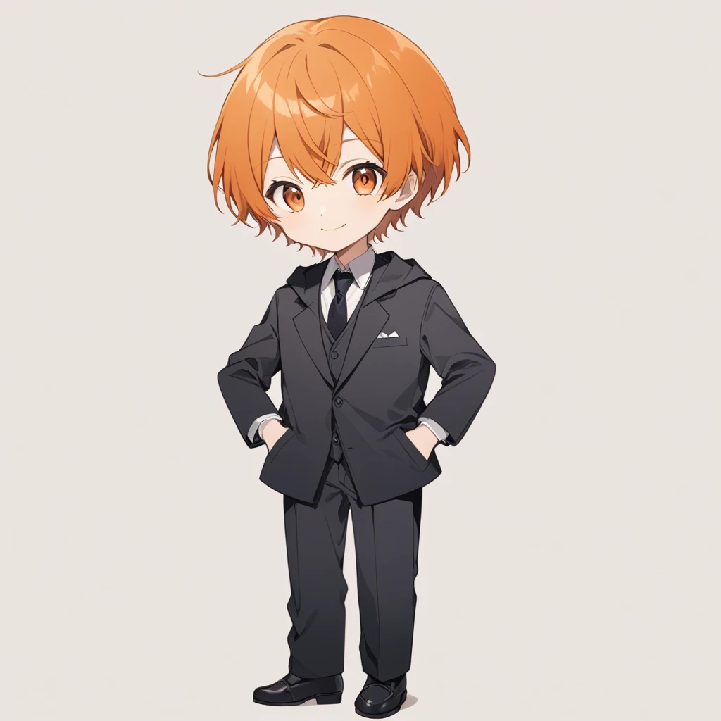 Orange Hair, Orange eyes,Short Hair,smile, a bit, suit,maleの子一人,a bitキャラ,anime,whole body,mini,male,小さいmaleの子,a little ,hoodie