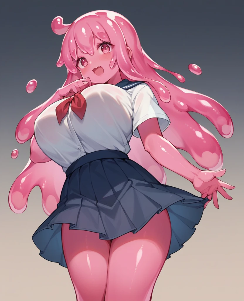 cute,((pink slime girl)),li,,,huge breasts,serefuku,skirt,dripping,dissolve，Mucus