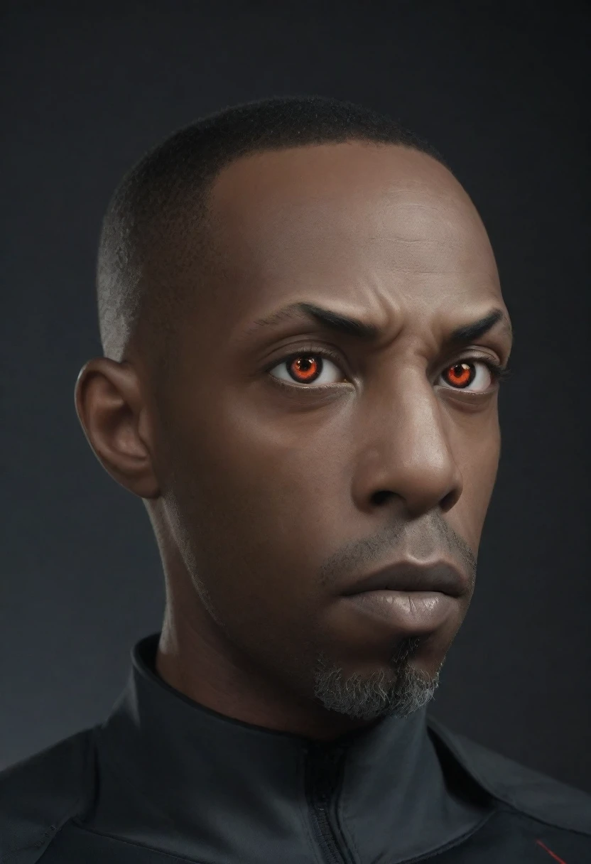 A cinematic close-up portrait of Shawt, a black man as a DC Comics cyborg, featuring a highly detailed cybernetic face with glowing eyes. The intricate mechanical parts, metallic skin, and complex circuitry showcase a futuristic design. The scene is set with dark, moody lighting and dramatic shadows, emphasizing the realistic rendering. The composition is cinematic and hyper-detailed, rendered in 8K photorealistic quality.