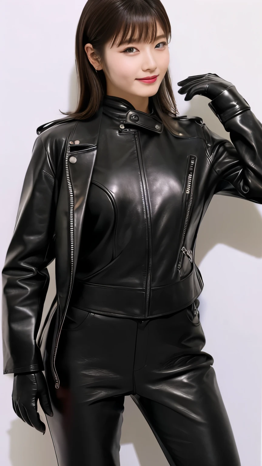 black leather rider jacket, , Black leather gloved fingertips on both hands,Wearing black leather gloves,Sitting in a black leather chair、 Japanese female new recruits (Black leather gloves cover both hands) (The angle is horizontal)、Black Leather Pants,Black Leather Black Leather Pants,Black Leather Skinny Pants、Long black leather boots on both feet、((He wears black leather gloves on his hands))Full Body Photo,full body shot full body full body leather suit,☺If you turn in this direction。Wearing black leather gloves,Wearing black leather gloves,Wearing black leather gloves,Wearing black leather gloves,Wearing black leather gloves,Wearing black leather gloves,黒のレザーパンツが美しい😍黒のレザーパンツが美しい😍黒のレザーパンツが美しい,😍Smiling while looking at me,City lights、Life-size (Neon Light)、Detailed lighting Best image quality、Ultra-high resolution、(realism:1.4)、Japanese Beauty Star、The most beautiful JPOP stars、face、Horny Korean Makeup、A body that makes you want to touch it、Realistic leather texture、Costume made of smooth leather fabric、The drape of the curved parts of the leather fabric、The costume is very shiny、Quality of the costume、8K Photo Quality
