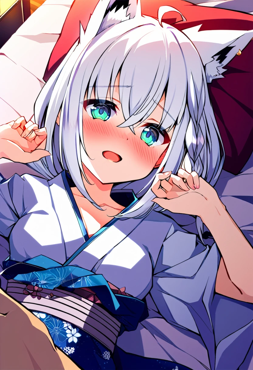 one girl, Shirakami Fubuki, fox ears, white hair, upperbody focus, yukata, beautiful, cute, be ready for sex, first night, lying on bed, naive, love me, shy