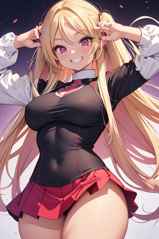 Realistic、masterpiece, 1house wife、blonde hair、twin tail, red eyes, (eye focus:1.3,face focus),(Gradient eyes:1.3),(mini skirt)、open mouth,(grin:1.3),forehead,cute face、((Thick thighs、Beautiful thighs)), A condescending gaze on the viewer,((Raise your arms, Wrestler