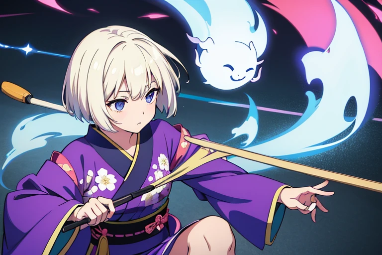 Ghost girl,kimono,cool,short hair,Break she is beating drum.,masterpiece,best quality,super detailed,super fine illustration,