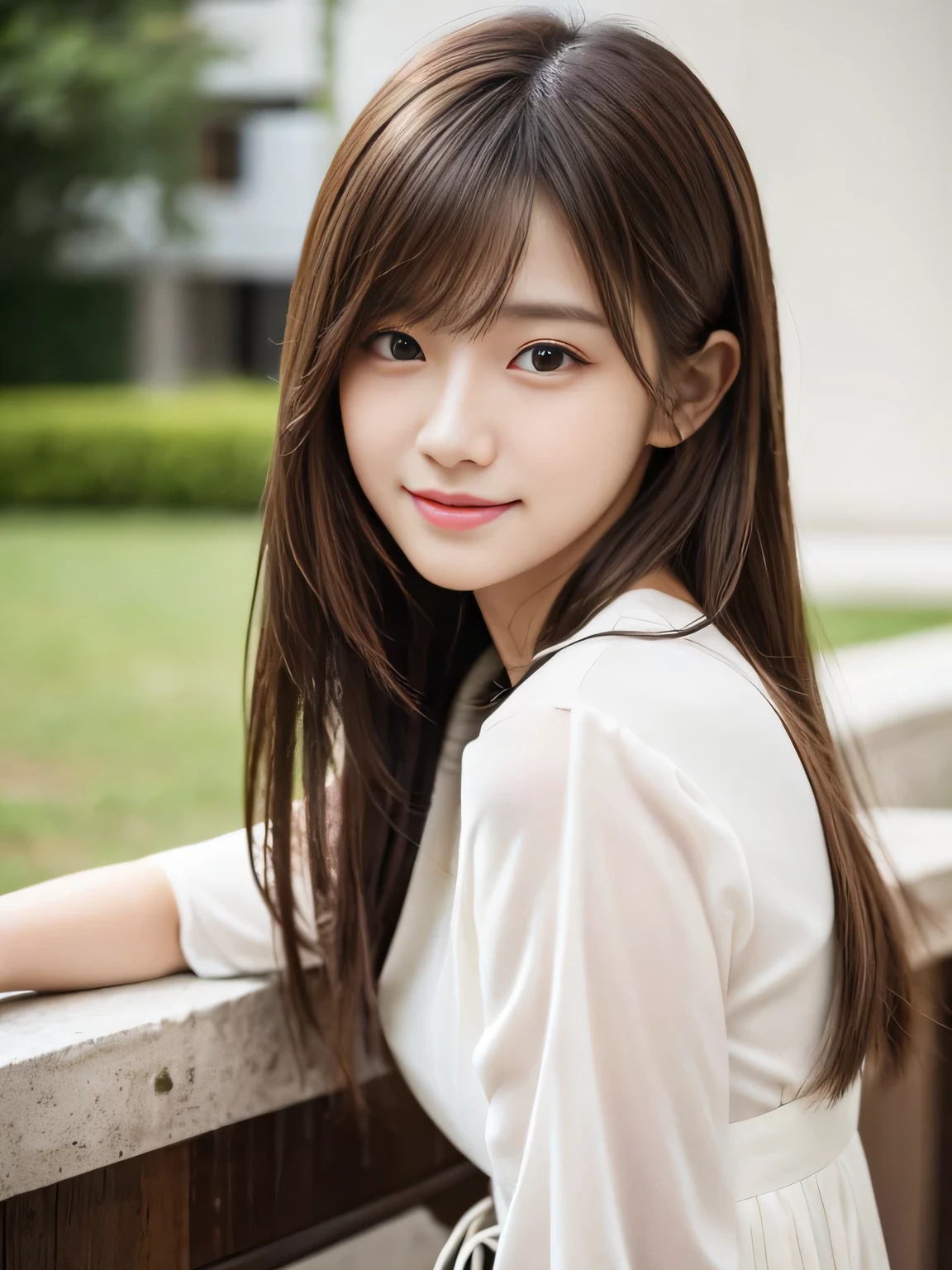 masterpiece, best quality, ultra-detailed, intricately detailed hyperdetailed, realistic, sharp features, highly detailed, sharp focus, (18 years old:1.3), Japanese Idol, perfect face, perfect symmetrically eyes, perfect full lips, hyper detailed, hyper realistic, high resolution, Fashion Model, Slender, Stylish, Realistic, Photorealistic:1.3, Beautiful Face, from above, POV shot, light brown hair, messy hair, asymmetrical bangs, Neat clothes, (smile), (white tops:1.2),