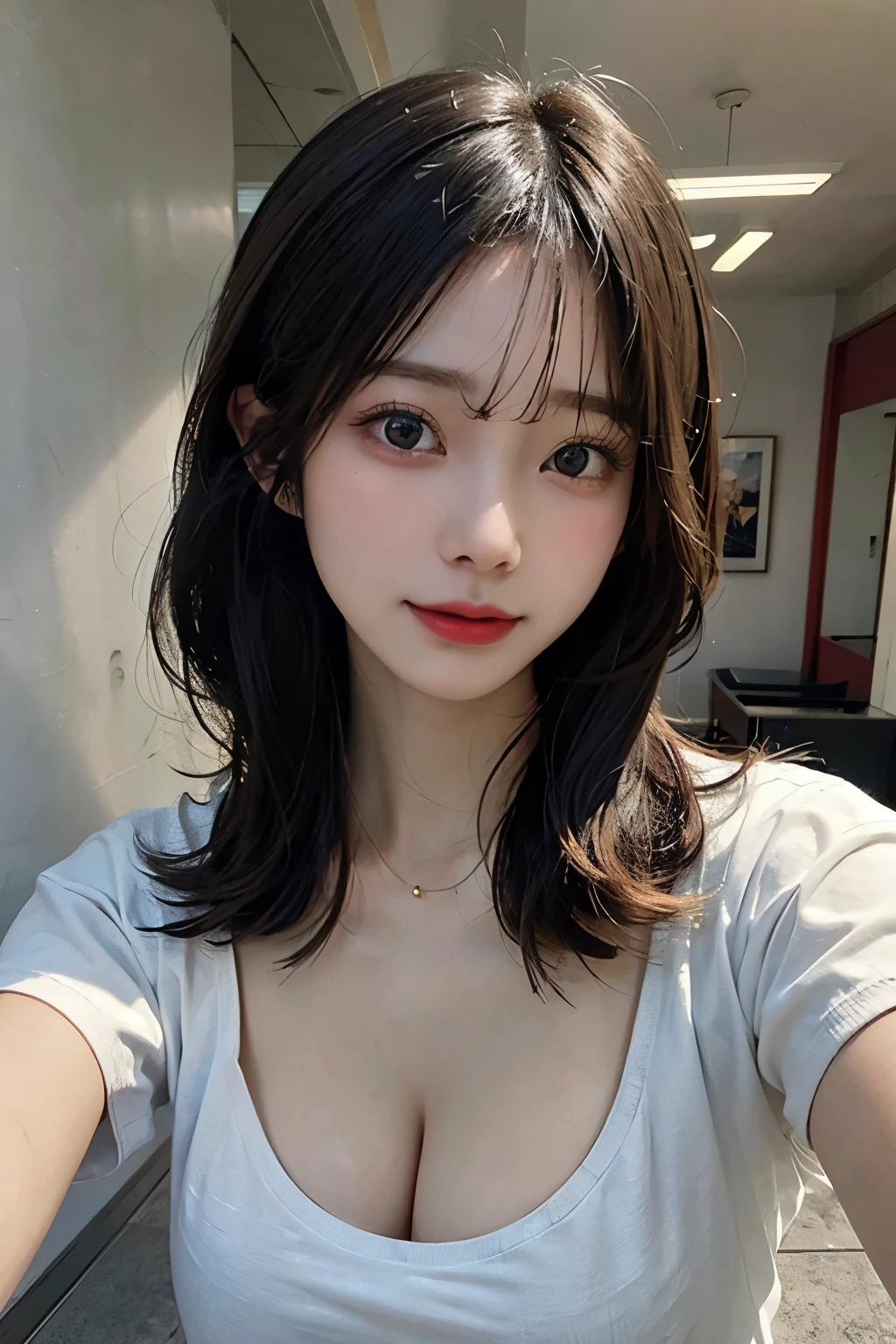 ((best quality)), ((masterpiece)), (detailed), perfect face. Asian girl. Selfie. Blank T-shirt. Wall. Cleavage. Low lighting.