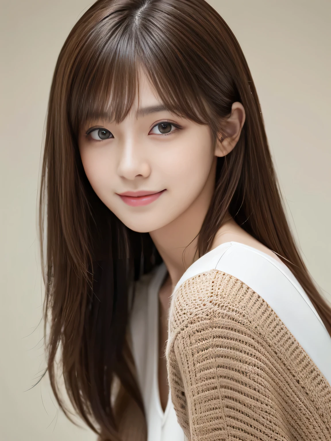 masterpiece, best quality, ultra-detailed, intricately detailed hyperdetailed, realistic, sharp features, highly detailed, sharp focus, (18 years old:1.3), Japanese Idol, perfect face, perfect symmetrically eyes, perfect full lips, hyper detailed, hyper realistic, high resolution, Fashion Model, Slender, Stylish, Realistic, Photorealistic:1.3, Beautiful Face, from above, POV shot, light brown hair, messy hair, asymmetrical bangs, Neat clothes, (smile), (white tops:1.2),