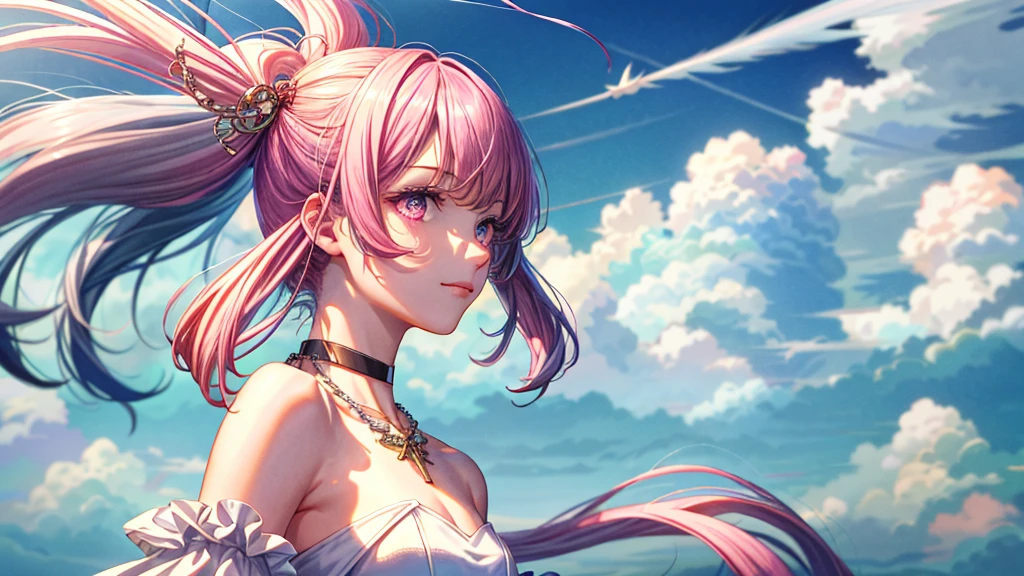 8k wallpaper,tmasterpiece,cinmatic lighting,top Quority,illustratio,Dramatic angles,((a color:1.1)),((Colored inner hair:1.4)),
1girll, solo, long whitr hair, SakuraNS, Pink eyes, Cross necklace, parted lip, a white choker, liquid hair, Pink gray hair, By bangs, By bangs, From the side Side, contours, The upper part of the body, blue hairs, simple backgound, pink back ground, exposed bare shoulders, sportrait, looking at viewert, white dresses, hairsbetweeneyes, colorfulhair, white backgrounid,jewely