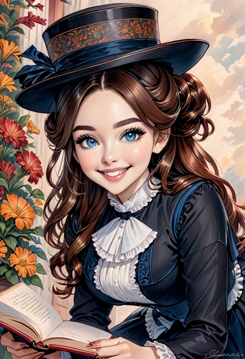 A colored pencil drawing of a pretty  smiling happy victorian governess, curly black hair with auburn highlights. Kind and inteligent, joyful  energy. hair in bun, hat. book of poetry in hand. full features, round face. Sabrina Carpenter
