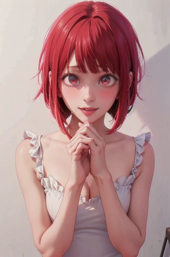 best quality, masterpiece, highly detailed,1girl, Arima Kana, , (masterpiece:1.5), Detailed Photo, Smiling, Sexy, (8K, Best Quality: 1.4), (1girl), Beautiful Face, (anime realistic Face), (Red Hair, short Hair: 1.3), Beautiful Hairstyle, Realistic eyes, beautiful detail eyes, (white skin), beautiful skin, absurd, attractive, ultra high resolution, ultra realistic, high definition, golden ratio, (sexually aroused:1.5), Pinkish white skin, cool white light, sexy pose, Beautiful , white background, pink soft white light, Wear a black bodycon dress, (masturbate:1.5)