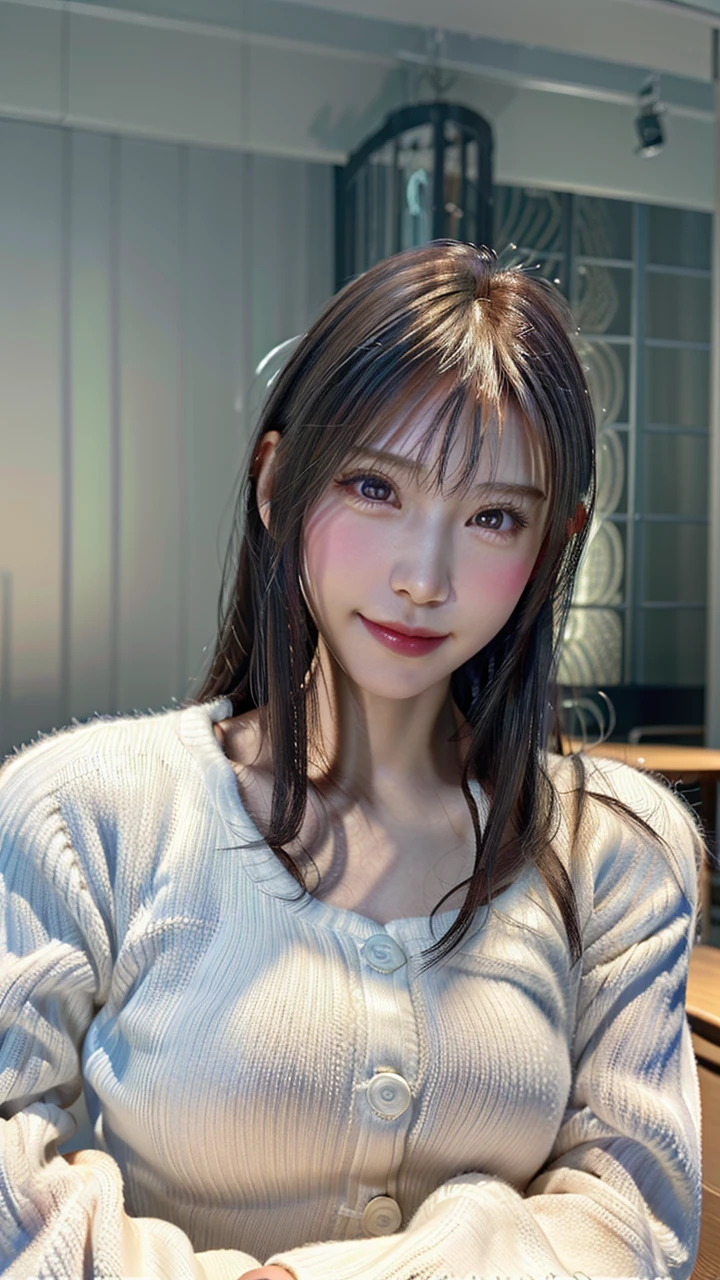 1 Japanese girl,(White sweater:1.4), (RAW Photos, highest quality), (Realistic, Realistic:1.4), Tabletop, Very delicate and beautiful, Very detailed, 8k wallpaper, wonderful, In detail, Very detailedなCG Unity, High resolution, Soft Light, Beautiful details 19 years old, Very detailedな目と顔, Beautiful and detailed nose, Beautiful details,Cinema Lighting,Perfect Anatomy,Slender body,smile (Asymmetrical bangs,)