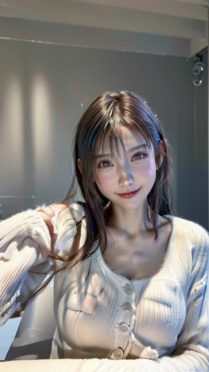 1 Japanese girl,(White sweater:1.4), (RAW Photos, highest quality), (Realistic, Realistic:1.4), Tabletop, Very delicate and beautiful, Very detailed, 8k wallpaper, wonderful, In detail, Very detailedなCG Unity, High resolution, Soft Light, Beautiful details 19 years old, Very detailedな目と顔, Beautiful and detailed nose, Beautiful details,Cinema Lighting,Perfect Anatomy,Slender body,smile (Asymmetrical bangs,)