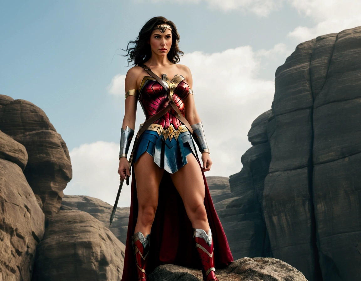 Wonder Woman standing on rock with skirt ripped off revealing her panties with cameltoe. Low angle view