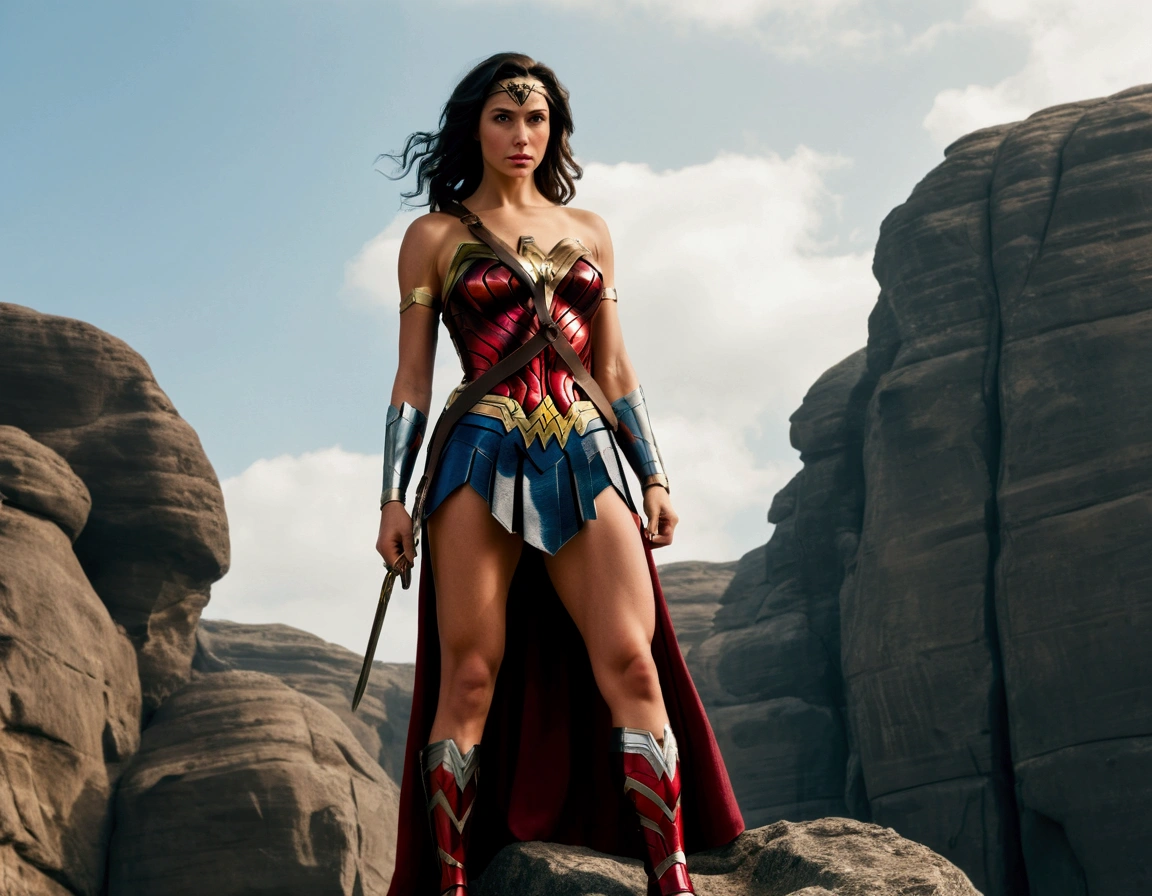 Wonder Woman standing on rock with skirt ripped off revealing her panties with cameltoe. Low angle view
