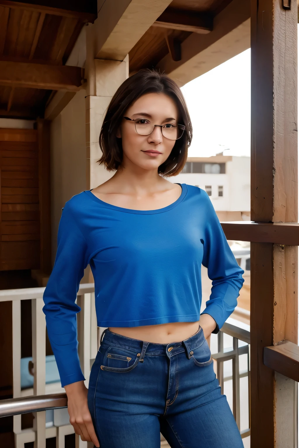 Beautiful 20 year old woman, glasses, short brown hair, (blue shirt) , jeans, standing on a railing, (Guaita Blue Portrait ) , slim girl model photo, chica y, light brown eyes, Wide nose, thin lips, beautiful model, brown hair and a perfect body, native american