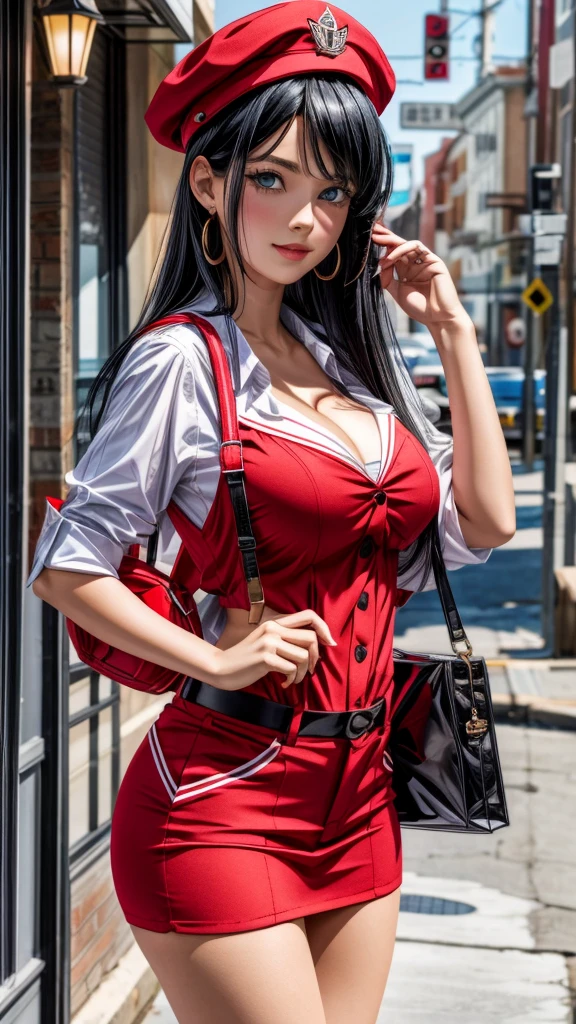 a woman wearing red sailor outfit with a card slot in her shirt and black hair down, 1girl, solo, blue eyes, hat, breasts, cleavage, looking at viewer, black hair