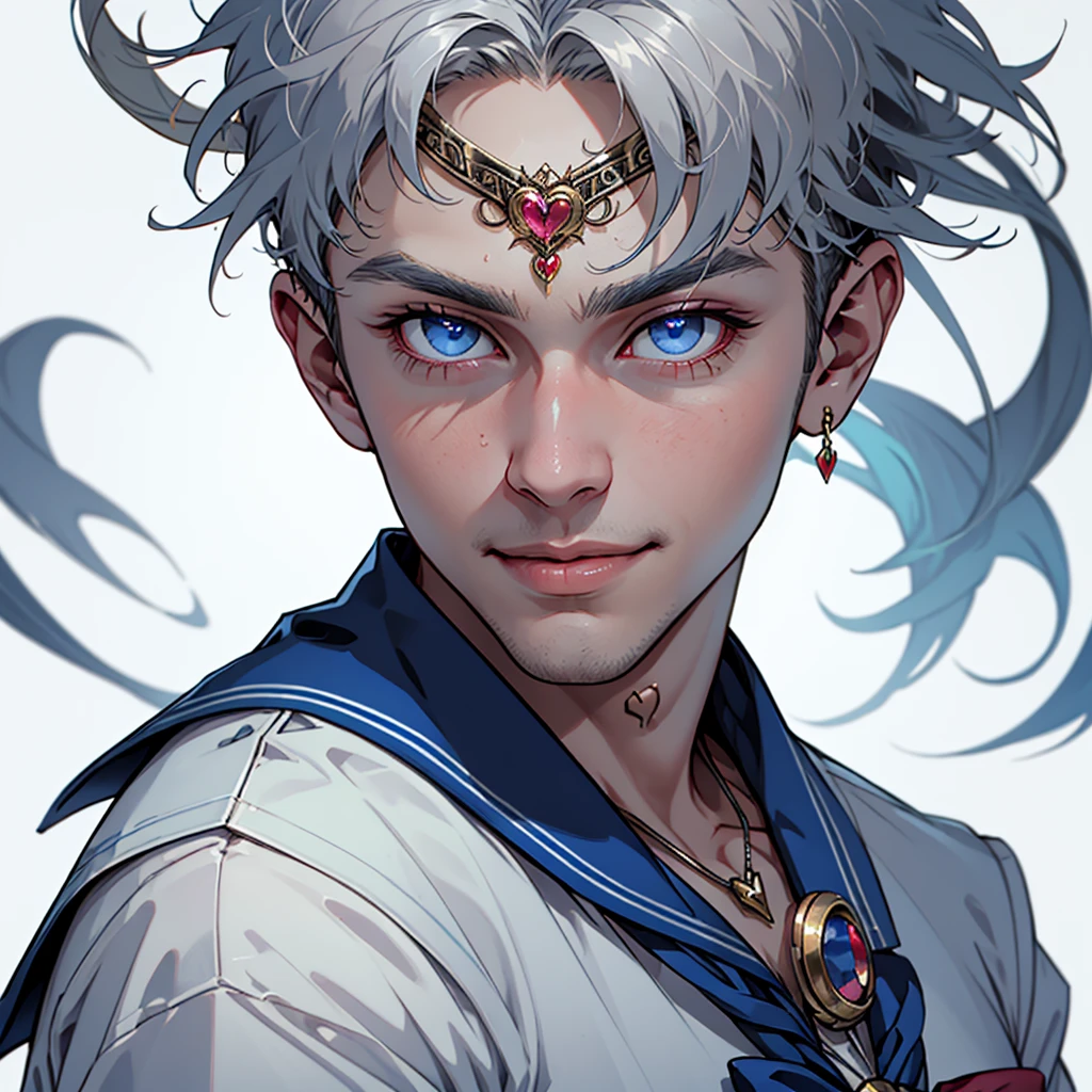 1boy, Alternative Sailor Moon, manly, silver hair, blue eyes, circlet, smirk, blue sailor collar, brooch, necklace with ruby pendant, closed mouth, crescent, crescent ear piercings,  (silver short hair), hair ornament, heart brooch with (blue bowtie), looking at viewer, magical boy, multicolored clothes,
parted bangs, male sailor helios uniform, solo, dark blue gloves, white background, (studio quality:0.7),
(masterpiece), photorealistic, human, kpop, top quality, best quality, (absurdres), deep focus,  intricate details, high quality, ultra high res, 8k, UHD, HD
(GS-Masculine:0.7) 