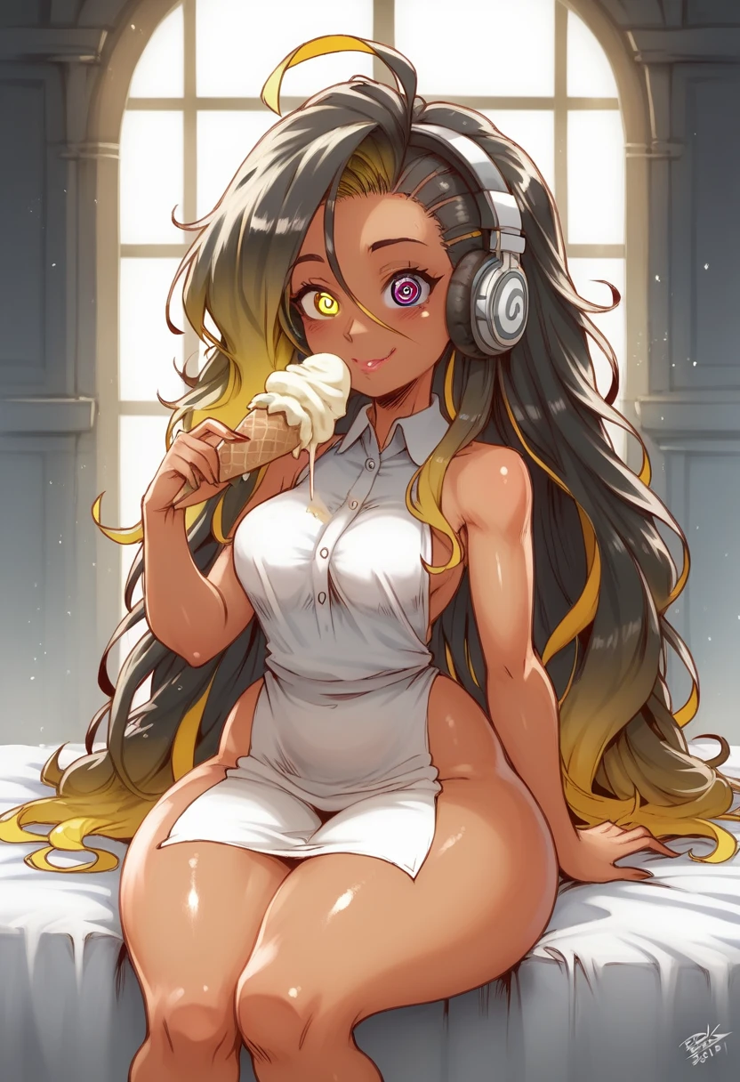 (BENGUS,Edayan,luster berry,  falcoon):1.2, (hyper-defined art, anime coloring, best quality, hyper-hdr, 8k uhd,  hyper absurdres, (raw sensuality, black woman, black and red striped  thick scorpion tail, , sitting in a  ice cream parlor,  dreadlocks,  headphones,impossibly beautiful african-caribbean features, red and brown heterochromia eyes, sitting,  licking ice cream, backless, sleeveless dress,  thigh lace clogs),  (very dark skin,  voluptuous, curvy, strong, shortstack, black hair, soft face, small wide nose, firm medium breast, curvy hips,  wide hips),hyper aesthetic, hyper-detailed  background), Lusterise, ,({Hyper stylistic, sharp gradients, deep highlights, hyper exposure,  hyper detailed smooth textures),  perfect hands,  hyper perfect , perfect eyes, perfect anatomy, perfect  physiques, amazing skin, hyper-detailed eyes,  hyper-detailed features, salaciously smiling, dynamism,   dynamic lighting, dynamic shading, sensual shadowing,  sensual atmosphere 