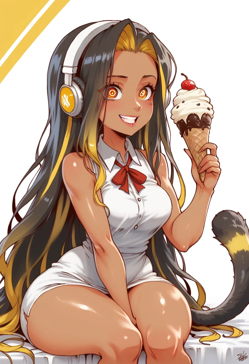 (BENGUS,Edayan,luster berry,  falcoon):1.2, (hyper-defined art, anime coloring, best quality, hyper-hdr, 8k uhd,  hyper absurdres, (raw sensuality, black woman, black and red striped  thick scorpion tail, , sitting in a  ice cream parlor,  dreadlocks,  headphones,impossibly beautiful african-caribbean features, red and brown heterochromia eyes, sitting,  licking ice cream, backless, sleeveless dress,  thigh lace clogs),  (very dark skin,  voluptuous, curvy, strong, shortstack, black hair, soft face, small wide nose, firm medium breast, curvy hips,  wide hips),hyper aesthetic, hyper-detailed  background), Lusterise, ,({Hyper stylistic, sharp gradients, deep highlights, hyper exposure,  hyper detailed smooth textures),  perfect hands,  hyper perfect , perfect eyes, perfect anatomy, perfect  physiques, amazing skin, hyper-detailed eyes,  hyper-detailed features, salaciously smiling, dynamism,   dynamic lighting, dynamic shading, sensual shadowing,  sensual atmosphere 