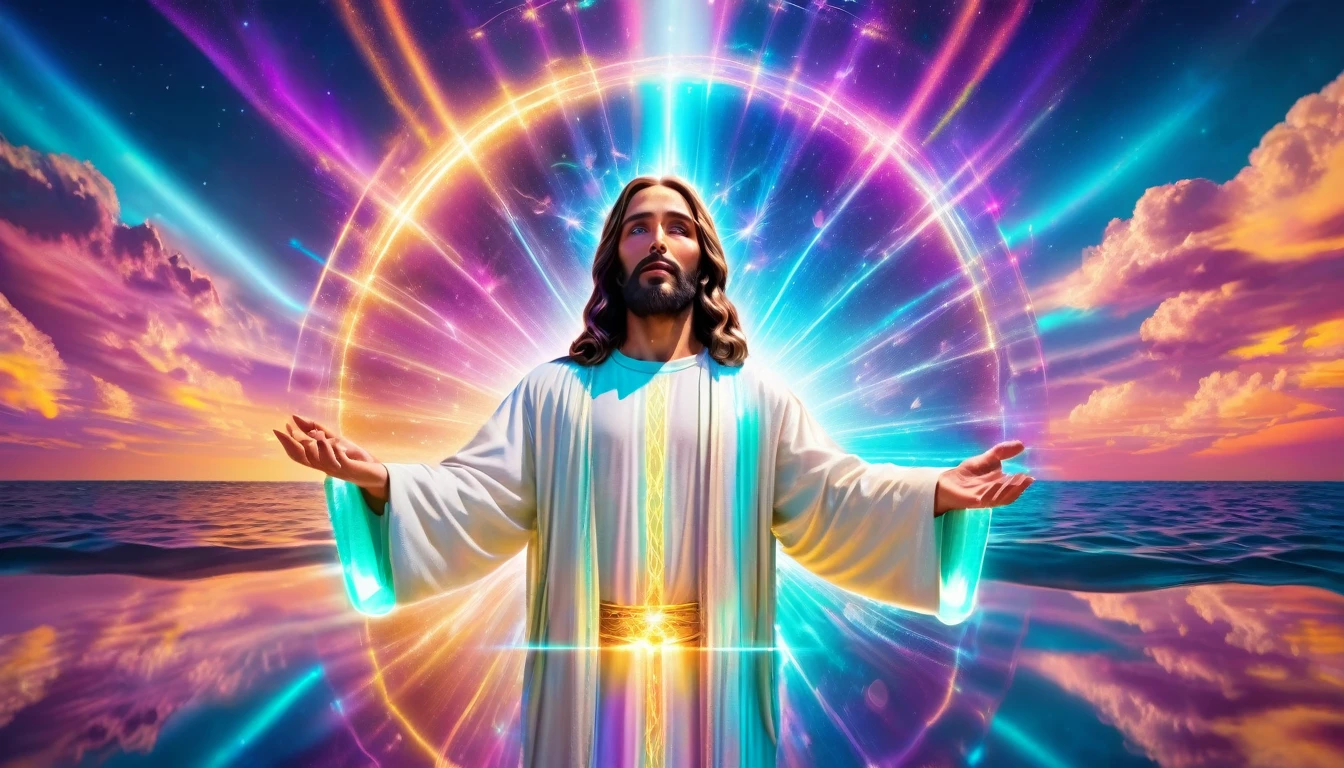 "Futuristic Jesus stretching out his hands to bless glowing waters, with holograms and light effects around, vibrant colored sky, futuristic clothes, 8k high definition, super verbose"