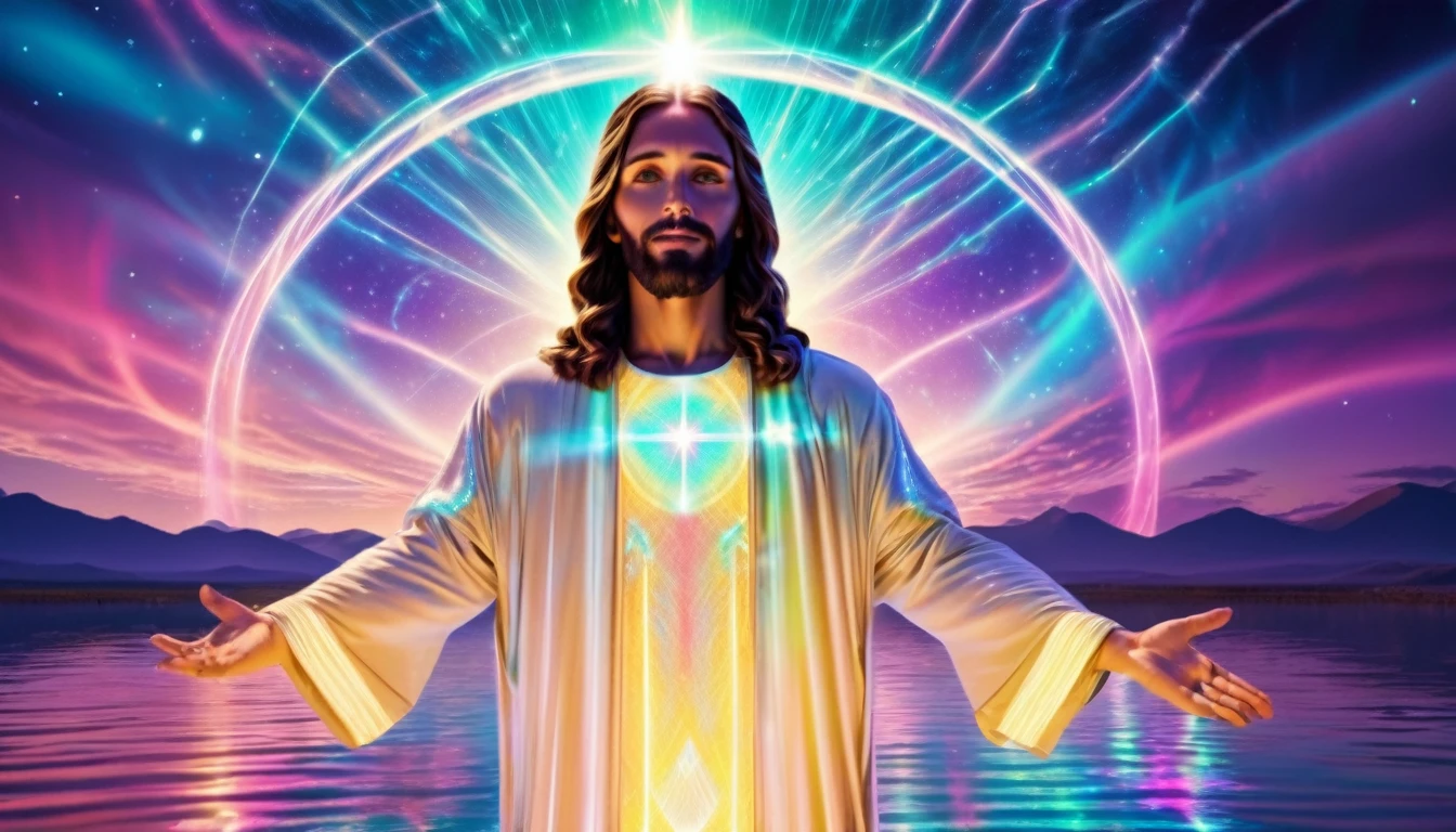 "Futuristic Jesus stretching out his hands to bless glowing waters, with holograms and light effects around, vibrant colored sky, futuristic clothes, 8k high definition, super verbose"