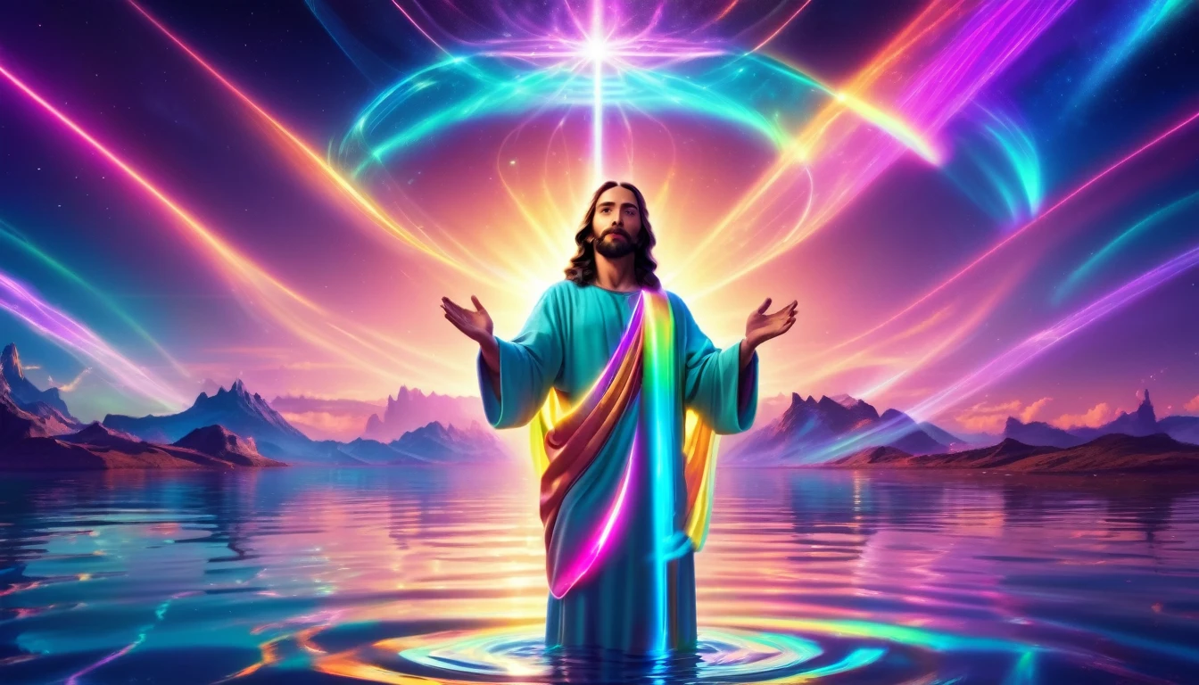 "Futuristic Jesus stretching out his hands to bless glowing waters, with holograms and light effects around, vibrant colored sky, futuristic clothes, 8k high definition, super verbose"