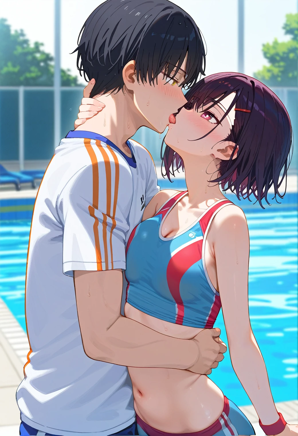 Mikazuki Shizuka, alone,One girl, Sportswear,belly button,A woman and a man kiss,1boy,Poolside,BREAKscore_9, score_8_Excellent, score_7_Excellent, anime